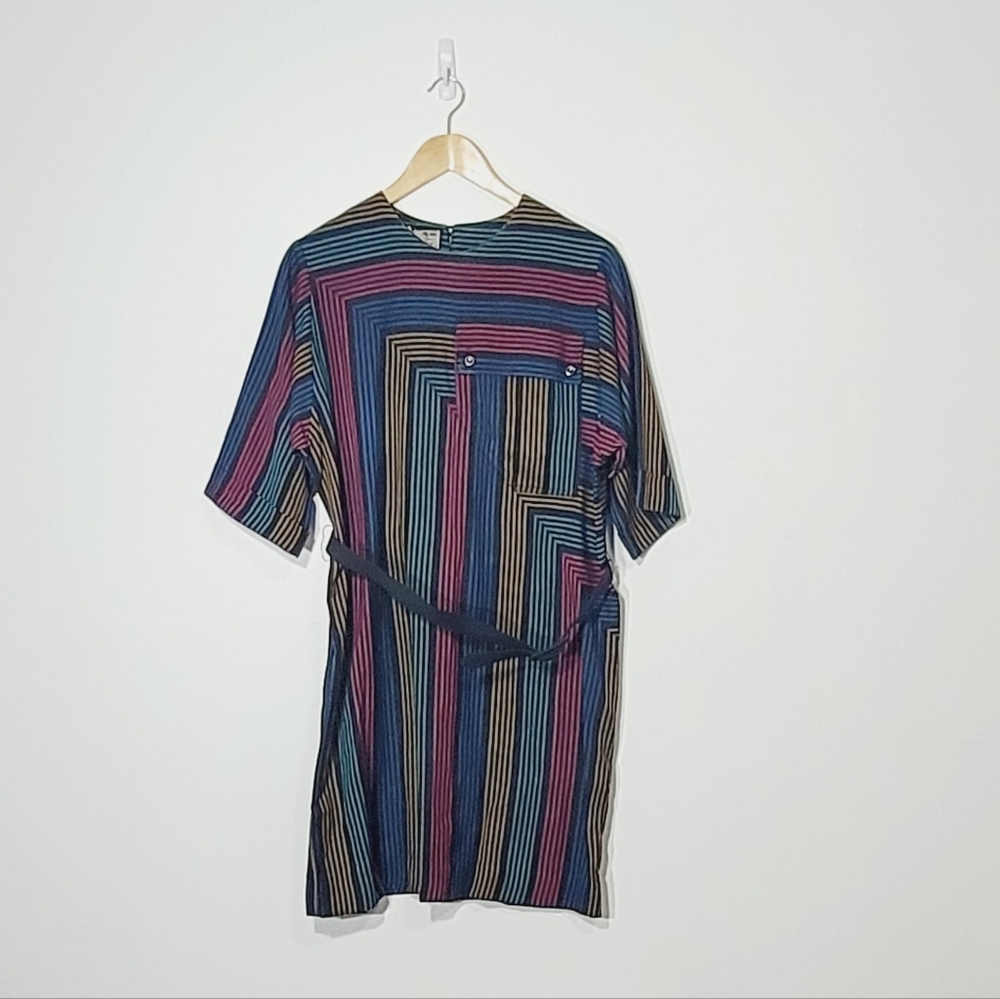 Retro Vintage Linen Cotton Blend Multicolored Stripped Belt Short Sleeved Dress